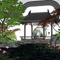 Rockery Stones In Traditional Chinese Garden With Pond Lotus Flowers And Pavilion