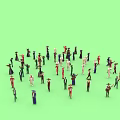 Group of people in different costumes performing with hats on green background