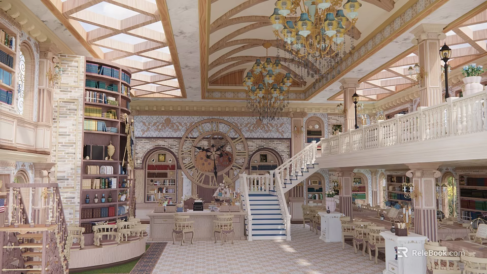 Cultural Center Interior With Classical Arched Ceiling Chandelier Large Clock And Staircase 3d model 