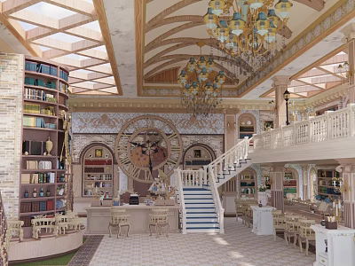 Cultural Center Interior With Classical Arched Ceiling Chandelier Large Clock And Staircase 3d model