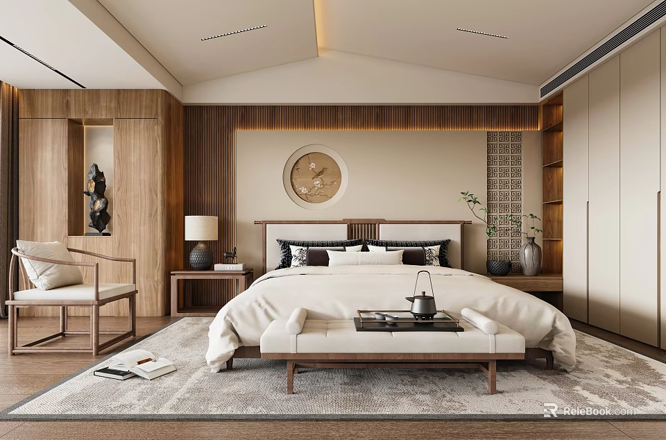 Modern Chinese Bedroom Interior Design With Wooden Furniture Round Decorative Painting Bed Bench And Rug 3d model 