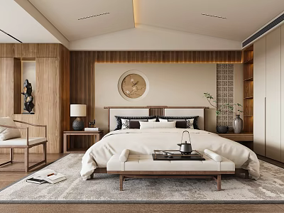 Modern Chinese Bedroom Interior Design With Wooden Furniture Round Decorative Painting Bed Bench And Rug 3d model