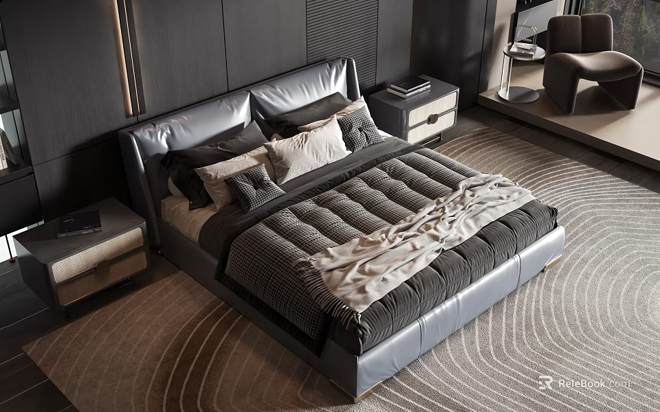 Modern Luxury Double Bed With Leather Headboard Gray White Quilt And Nightstands 3d model 
