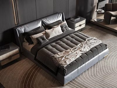 Modern Luxury Double Bed With Leather Headboard Gray White Quilt And Nightstands 3d model