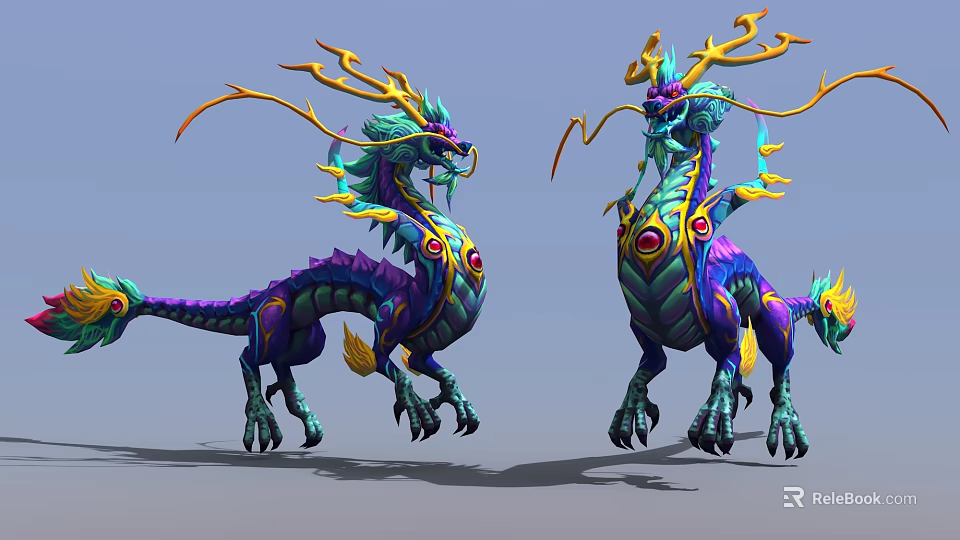 Game Movie Character Colorful Dragon With Vibrant Scales And Decorative Antlers 3d model 