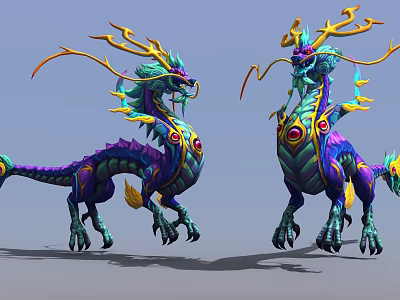 Game Movie Character Colorful Dragon With Vibrant Scales And Decorative Antlers 3d model