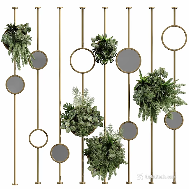 Elegant Green Plant Hanging Wall Decor With Circular Elements And Golden Frames 3d model 