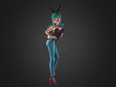 Fashionable Doll with Green Hair Bunny Ears Black Top Blue Pants and Red High Heels 3d model
