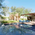 Courtyard Garden With Brick Building Open Door Lawn Small Trees Pergola Blue Sofa And Pool