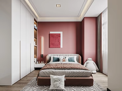 Modern Kids Bedroom With Warm Pink Walls And Plush Toy 3d model