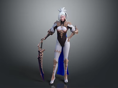 White Haired Game Movie Character With Golden Armor White Bodysuit Blue Cape And Ornate Weapon 3d model