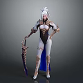 White Haired Game Movie Character With Golden Armor White Bodysuit Blue Cape And Ornate Weapon