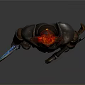 Mythical Demon Warrior With Red Black Horns Metal Armor Blue Glowing Scythe And Axe