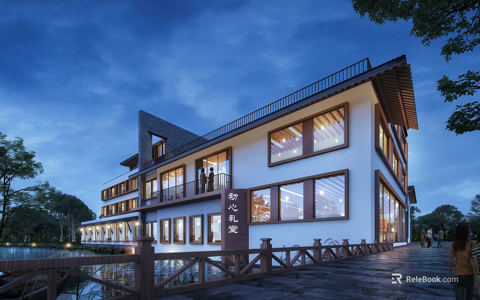Modern Boutique Guesthouse Building With White Walls Large Glass Windows And Waterfront Wooden Fence 3d model 