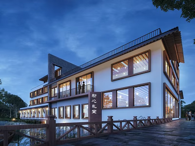 Modern Boutique Guesthouse Building With White Walls Large Glass Windows And Waterfront Wooden Fence 3d model