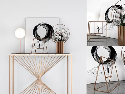 Modern Console Table With Geometric Frame Circular Decor And Floral Arrangement 3d model