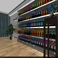 Retail Store Interior With Colorful Bottled Drinks On Shelves Green Curtains Plant And Wooden Floor