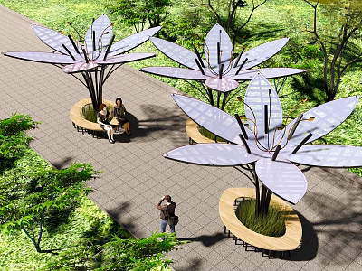 Lotus Shaped Pergola in Outdoor Garden with Greenery Paved Walkway and People Resting 3d model