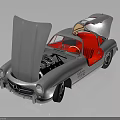 Classic Silver Mercedes-Benz Convertible With Open Hood And Trunk Red Seats Exposed Engine