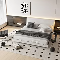 Modern Bedroom Interior With Stylish Double Bed Black White Rug Nightstand And Wall Art