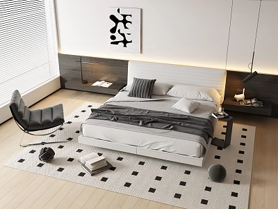 Modern Bedroom Interior With Stylish Double Bed Black White Rug Nightstand And Wall Art 3d model