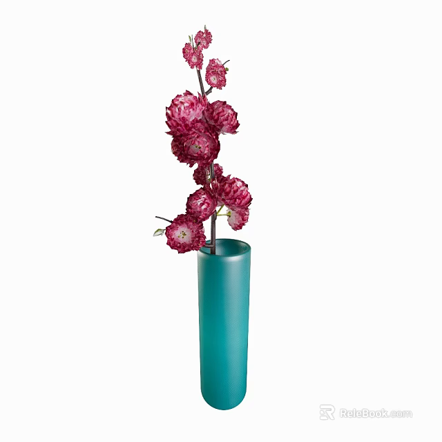 Elegant blue cylindrical vase holding several blooming pink flowers as home decor 3d model 