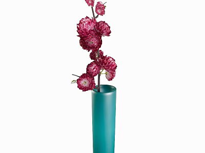 Elegant blue cylindrical vase holding several blooming pink flowers as home decor 3d model