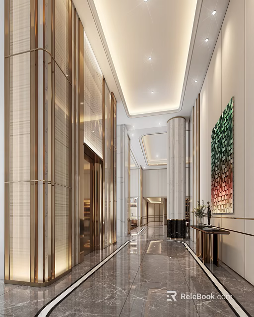 Elegant Modern Elevator Hallway With Marble Floor Decorative Columns Modern Lighting And Artistic Painting 3d model 