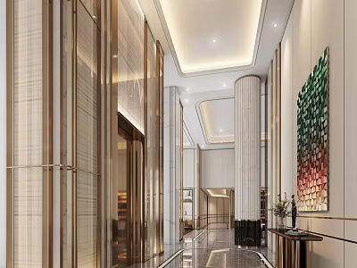 Elegant Modern Elevator Hallway With Marble Floor Decorative Columns Modern Lighting And Artistic Painting 3d model