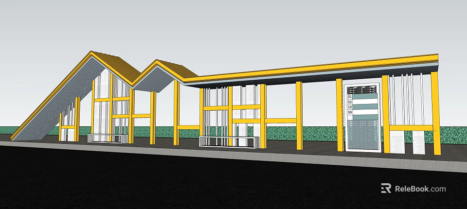 Modern Station Architecture With Wavy Yellow Roof Glass Windows And Green Background 3d model 