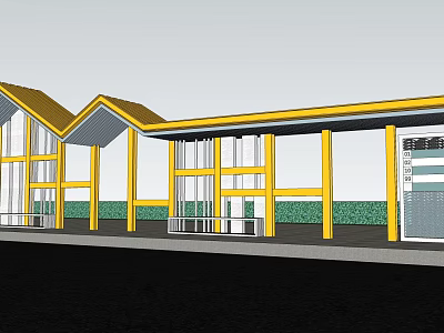 Modern Station Architecture With Wavy Yellow Roof Glass Windows And Green Background 3d model