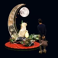 Decorative Crescent Moon Scene With Rabbit Sculpture Plants Flowers And Night Sky