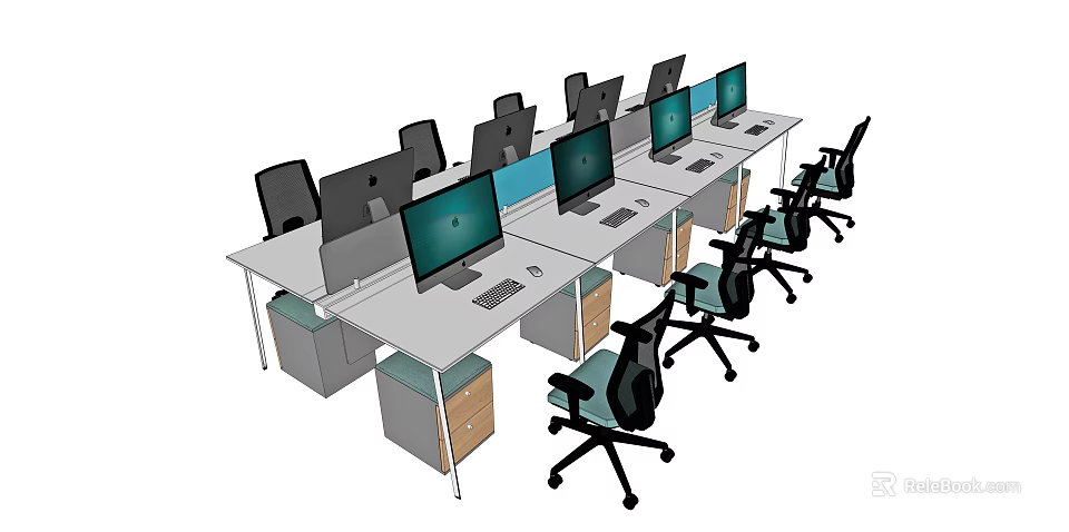 Modern Office Desks With Computer Monitors And Office Chairs In Workspace 3d model