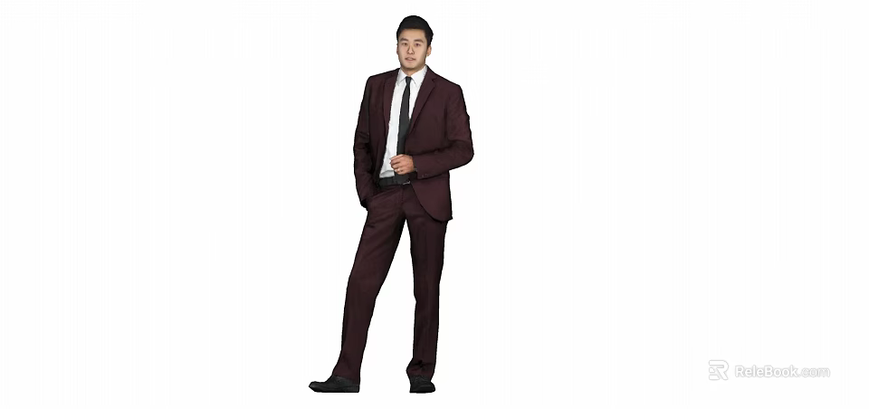 A Well Dressed Man In Burgundy Suit White Shirt And Tie Standing Pose 3d model 