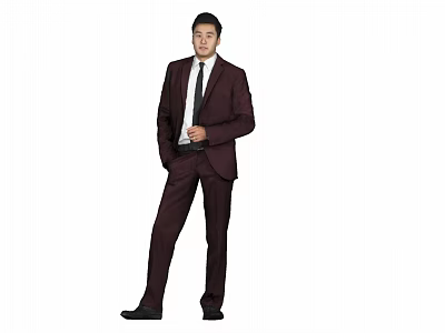 A Well Dressed Man In Burgundy Suit White Shirt And Tie Standing Pose 3d model