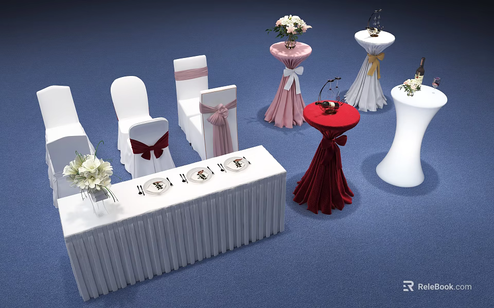 Wedding Dining Table Set With Long Dining Table Chairs Bow Decorations Flower Vases And Tableware 3d model 