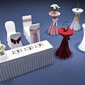 Wedding Dining Table Set With Long Dining Table Chairs Bow Decorations Flower Vases And Tableware 3d model
