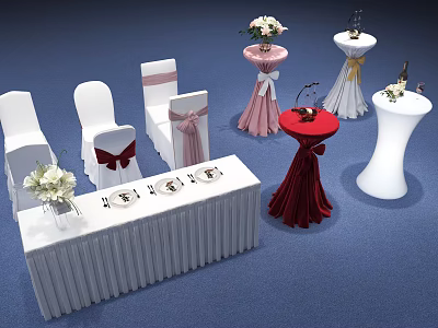 Wedding Dining Table Set With Long Dining Table Chairs Bow Decorations Flower Vases And Tableware 3d model