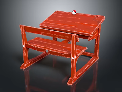 Red Wooden Desk With Matching Bench And Small Red Ball On Top 3d model
