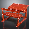 Red Wooden Desk With Matching Bench And Small Red Ball On Top
