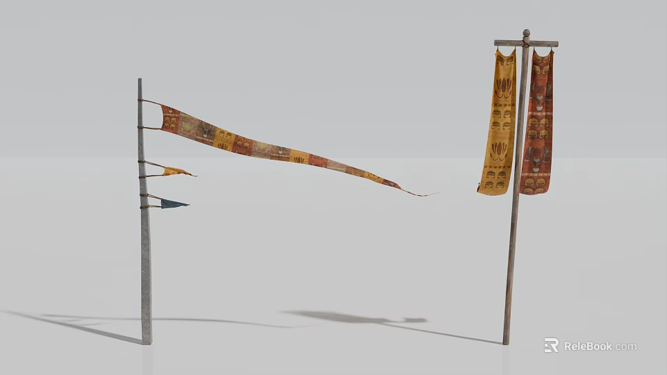 Colorful Decorative Fabric Banners Hanging On Poles With Intricate Patterns 3d model 