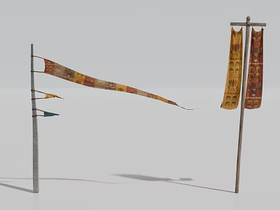 Colorful Decorative Fabric Banners Hanging On Poles With Intricate Patterns 3d model