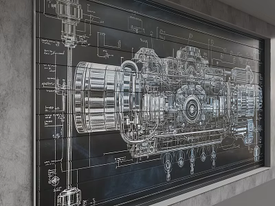 Modern Industrial Decorative Wall with Mechanical Blueprint Art and Technical Line Designs 3d model