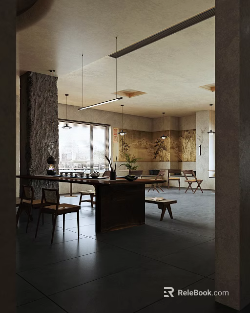Modern Tea House Interior With Stone Walls Large Windows Wooden Tables And Pendant Lights 3d model 