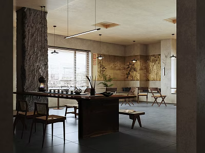 Modern Tea House Interior With Stone Walls Large Windows Wooden Tables And Pendant Lights 3d model
