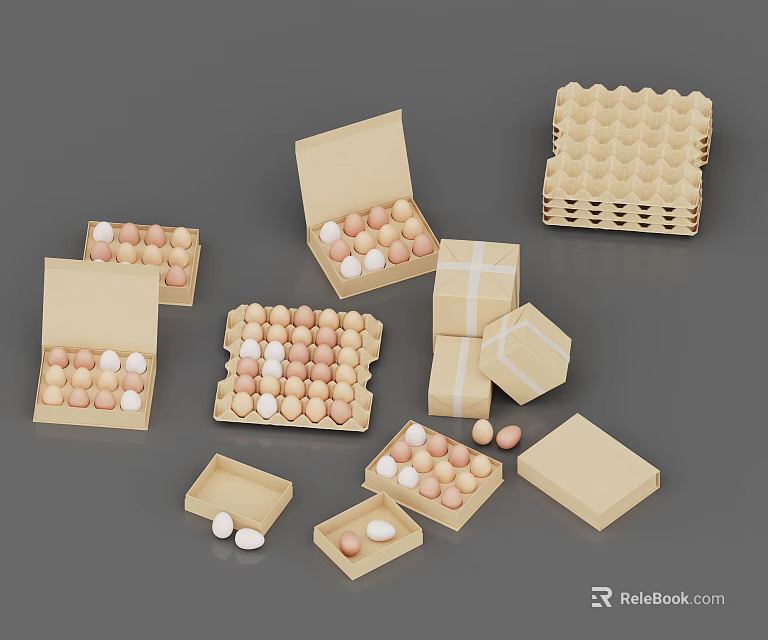 Fresh Eggs In Various Open Carton Packaging With White And Brown Shells And Stacked Boxes 3d model 