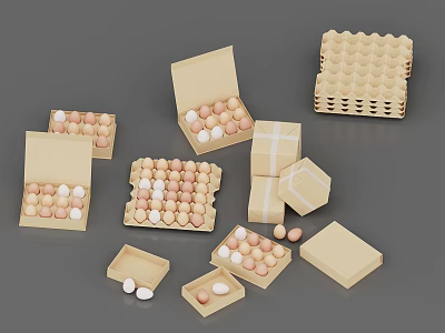 Fresh Eggs In Various Open Carton Packaging With White And Brown Shells And Stacked Boxes 3d model