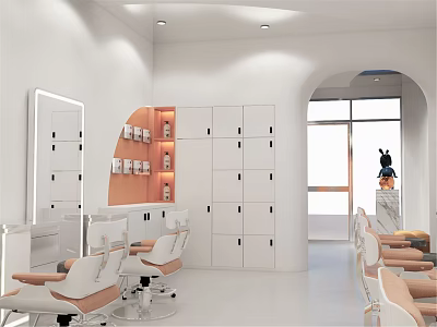 Beauty Salon Interior Design With White Lockers Styling Chairs Large Mirrors And Orange Accents 3d model