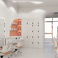 Beauty Salon Interior Design With White Lockers Styling Chairs Large Mirrors And Orange Accents