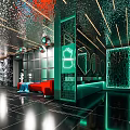 Modern Elegant Public Toilet Design With Neon Lights Green Partitions Black Floors And Red Sofa